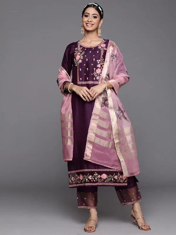 Women's Purple Embroidered Straight Kurta Trouser With Dupatta Set - Indo Era Trousers Spring Floral Women's Purple Embroidered Straight Kurta Trouser With Dupatta Set - Indo Era Trousers Spring Floral