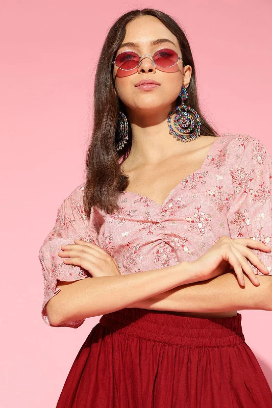 Peach Cotton Ethnic Motifs Crop Top Summer Crop Top Casual Short Sleeve