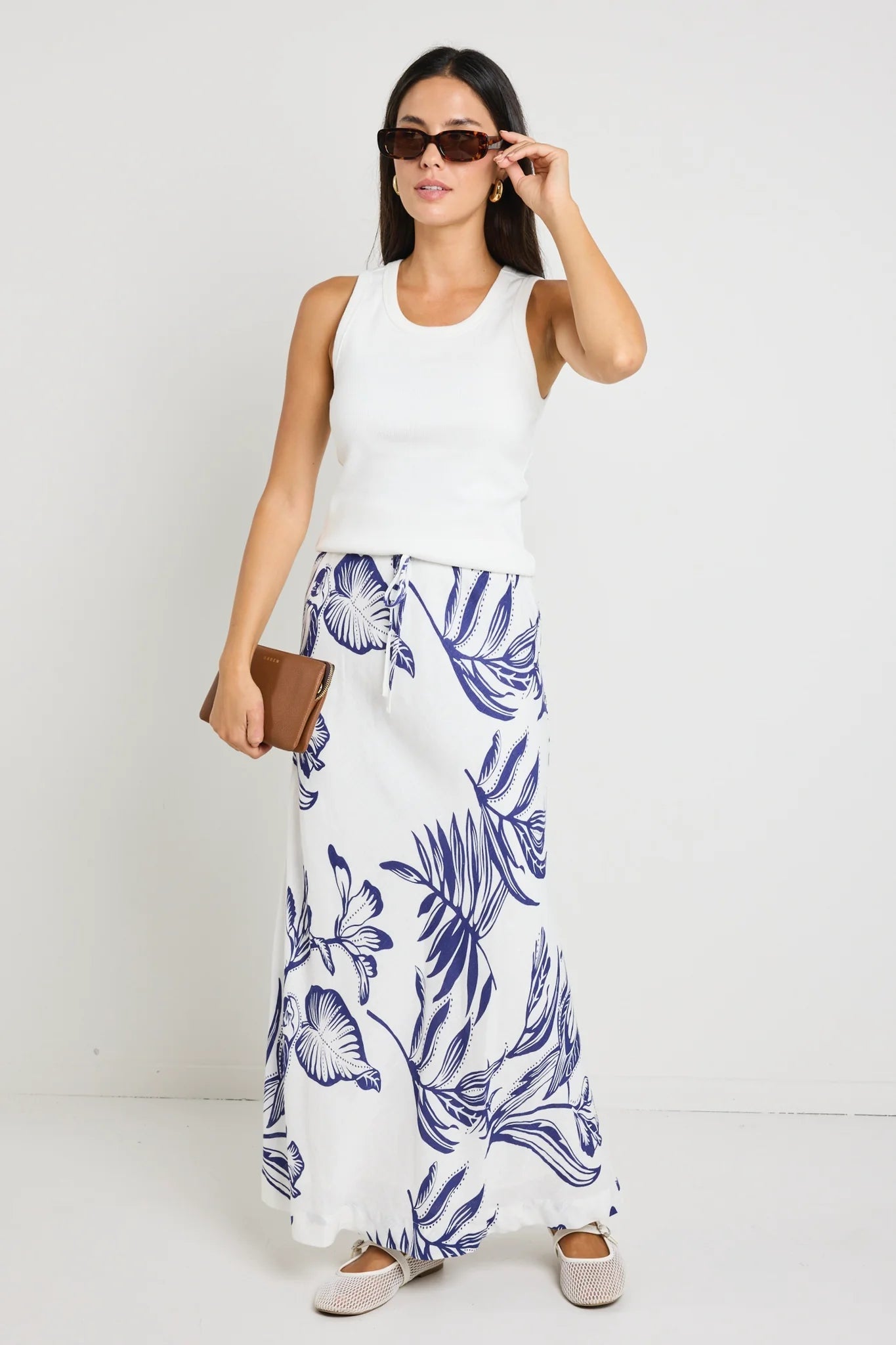 Stories Be Told - Departure Silhouette Tie Waist Bias Maxi Skirt - White/Navy corduroy skirt cozy