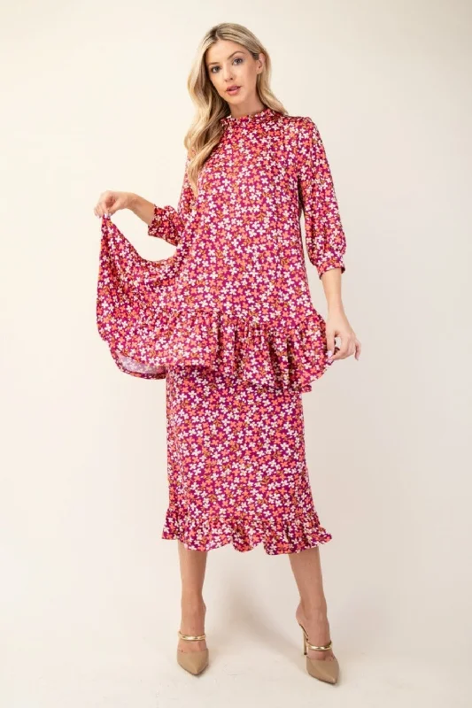 Blue Zone Planet |  Celeste Full Size Floral Ruffled Top and Midi Skirt Set velvet skirt luxurious