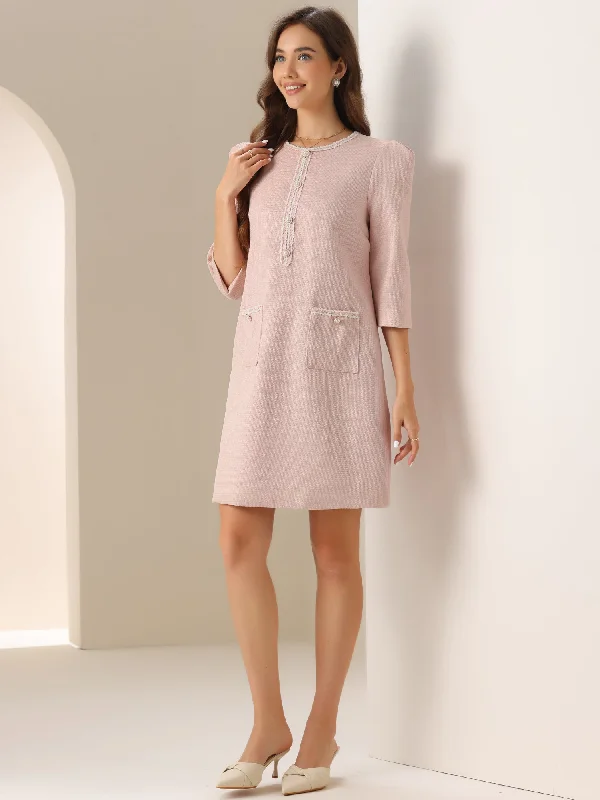 Tweed Round Neck Faux Pearl Button Puff 3/4 Sleeves Dress Turtleneck Warm Winter