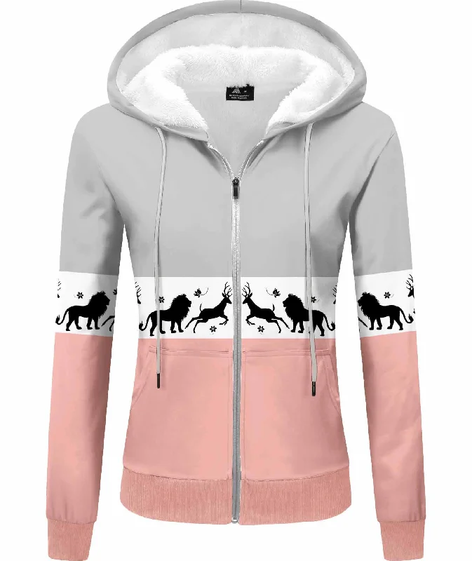 Women's Full Zip Up Fleece Printed Hoodie-ZPK006151 Hoodie with Lining Warm Insulated