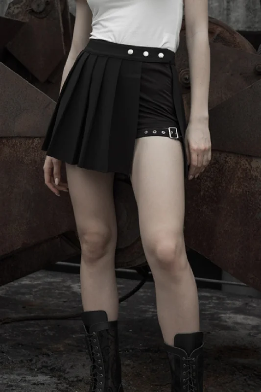 Black Fake Two Pieces Side Metal Buckle Women's Punk Skirt wool skirt warm