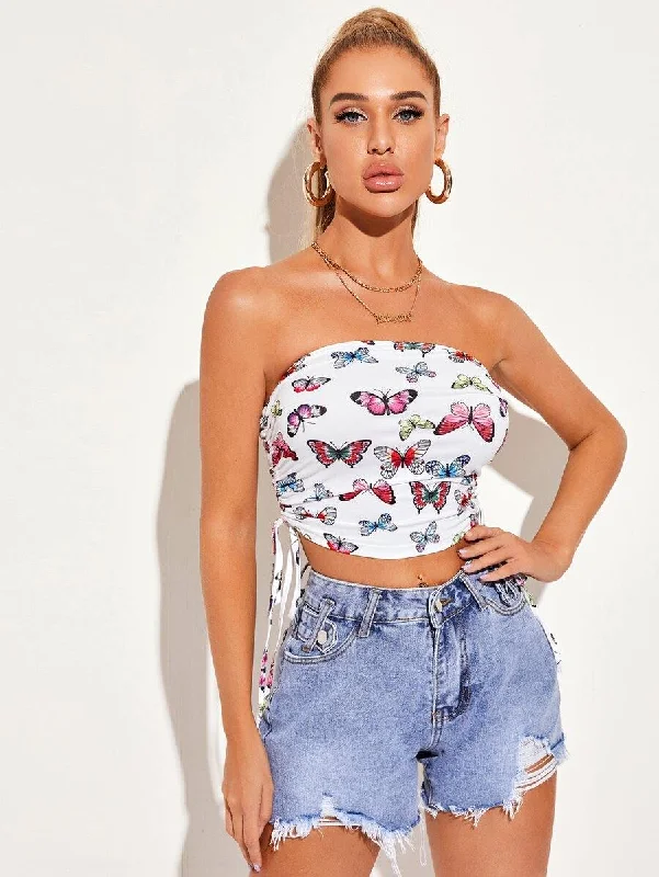 Drawstring Ruched Side Butterfly Print Tube Crop Top Mesh Fabric Canvas Fabric Denim Fabric