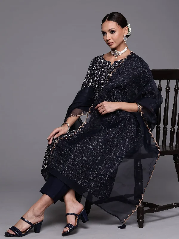 Women's Navy Blue Foil Printed A-Line Kurta Trouser With Dupatta Set - Indo Era Trousers Fall Fleece Women's Navy Blue Foil Printed A-Line Kurta Trouser With Dupatta Set - Indo Era Trousers Fall Fleece