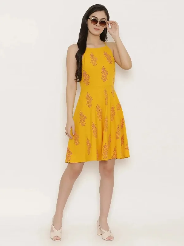 Backless with string design printed skater dress in Mustard A-Line Day Work