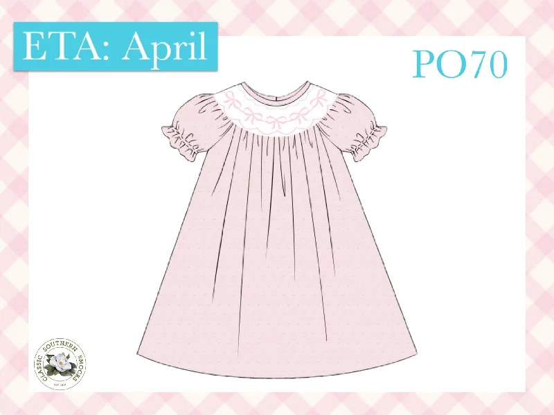 PO70 Swiss Dot Bow Smocked Dress Elegant Long Evening