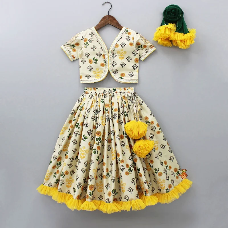 Pre Order: Floral Printed Crop Top With Lehenga And Net Dupatta Beaded Sequined Faux Fur