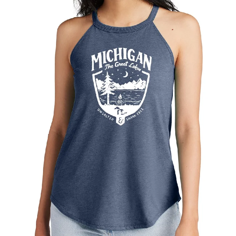 Ladies Michigan Shield Rocker Tank Top - Heather Navy Triblend spandex blend tank