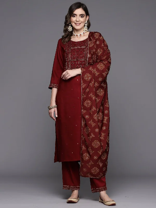 Women's Maroon Embroidered Straight Kurta Trousers With Dupatta Set - Indo Era Trousers Bootcut Casual