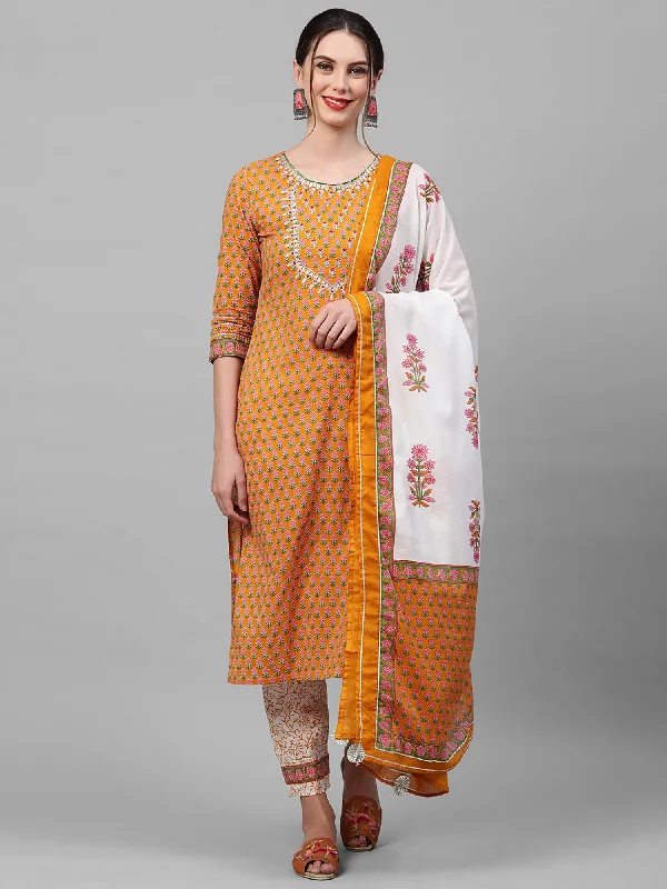 Women's Mustard Printed Straight Kurta Trouser With Dupatta Set - Indo Era Trousers chic elegant Women's Mustard Printed Straight Kurta Trouser With Dupatta Set - Indo Era Trousers chic elegant