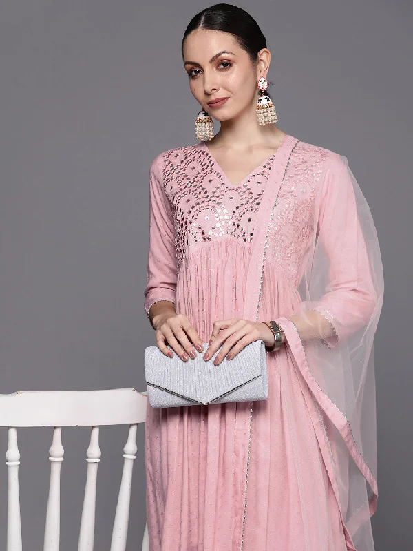 Women's Pink Embroidered A-Line Kurta Trousers With Dupatta Set - Indo Era Trousers Cargo Utility Women's Pink Embroidered A-Line Kurta Trousers With Dupatta Set - Indo Era Trousers Cargo Utility