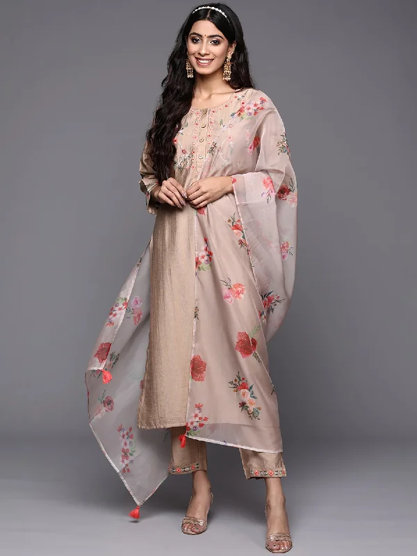 Women's Beige Embroidered Straight Kurta Trousers With Dupatta Set - Indo Era Trousers Party Sparkling Women's Beige Embroidered Straight Kurta Trousers With Dupatta Set - Indo Era Trousers Party Sparkling