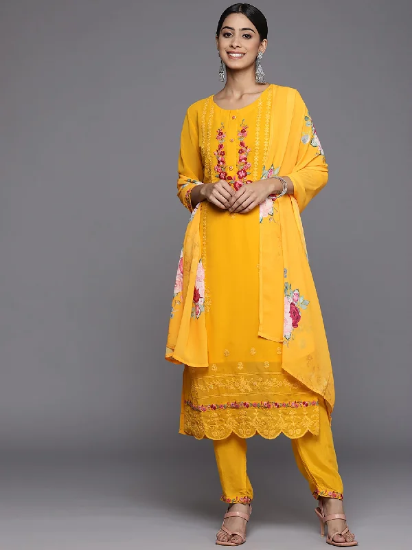 Women's Yellow Embroidered Straight Kurta Trousers With Dupatta Set - Indo Era Trousers practical easy-care Women's Yellow Embroidered Straight Kurta Trousers With Dupatta Set - Indo Era Trousers practical easy-care
