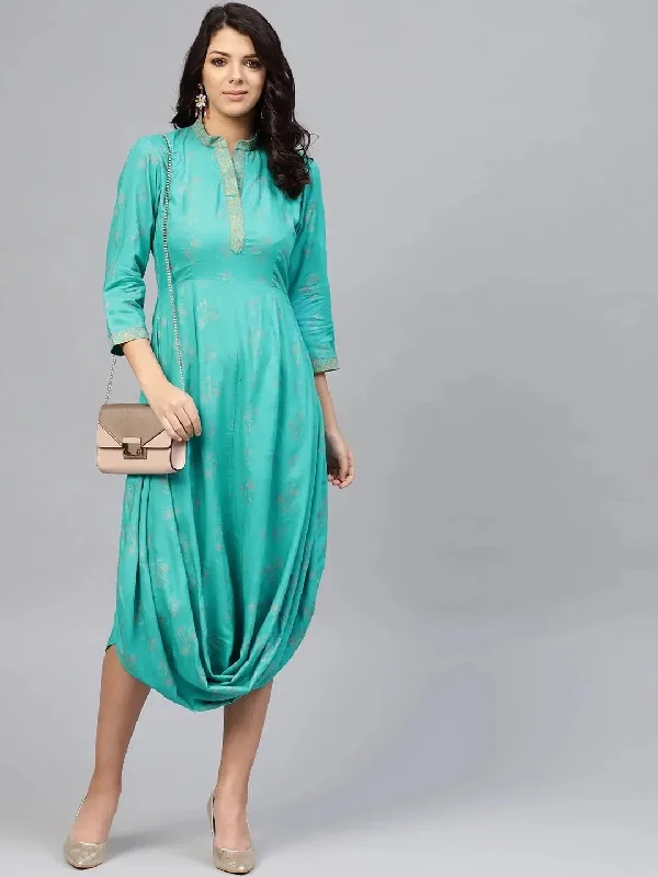 Front Cowl chinese collar printed dress in Mint Blue Square Neckline Feminine