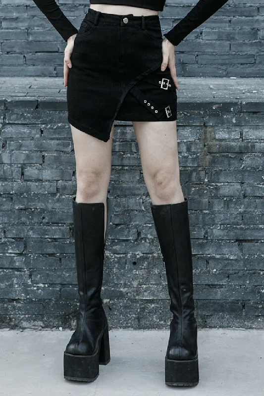 Black Metal Slant Buckle Loop Decoration Irregular Hem Denim Women's Punk Skirt silk skirt luxurious Black Metal Slant Buckle Loop Decoration Irregular Hem Denim Women's Punk Skirt silk skirt luxurious