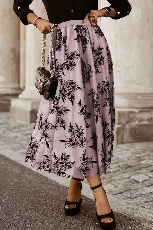 Blue Zone Planet |  Peach Blossom Floral Leaves Embroidered High Waist Maxi Skirt lace skirt intricate