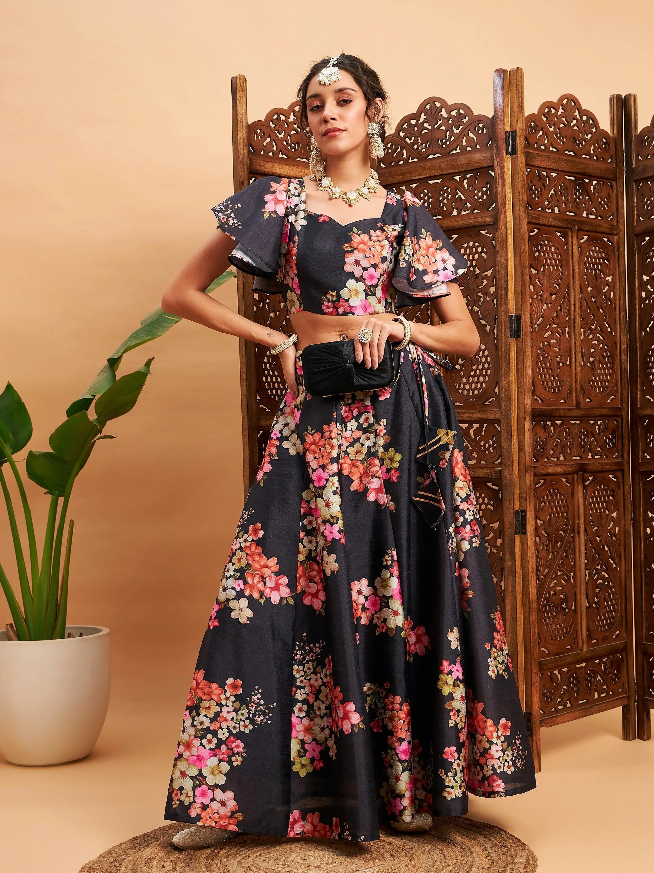 Women Black Floral Anarkali Skirt With Crop Top Solid Color Striped Floral