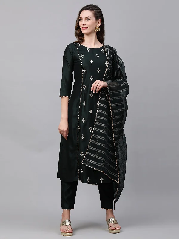 Women's Green Embroidred A - Line Kurta Trouser With Dupatta Set - Indo Era Trousers Hiking Durable Women's Green Embroidred A - Line Kurta Trouser With Dupatta Set - Indo Era Trousers Hiking Durable