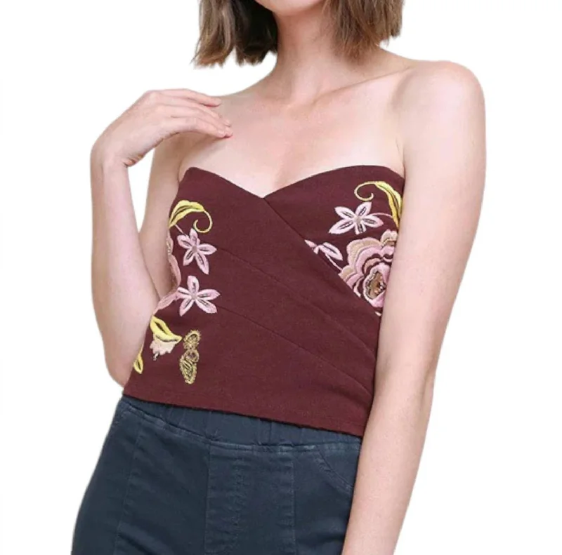 Beaded & Embroidered Crop Top In Maroon Terry Blend Velvet Blend Canvas Blend