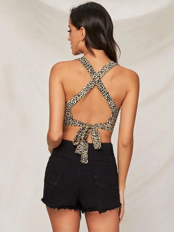 Crisscross Tie Back Leopard Crop Top Houndstooth Herringbone Solid