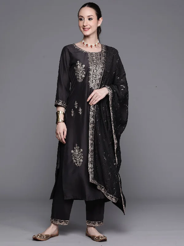 Women's Grey Embroidered Ethnic Straight Kurta Trousers With Dupatta Set - Indo Era Trousers Versatile Stylish Women's Grey Embroidered Ethnic Straight Kurta Trousers With Dupatta Set - Indo Era Trousers Versatile Stylish
