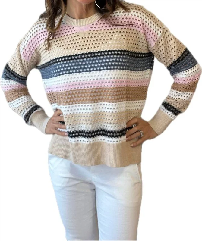 Striped Mesh Sweater In Multi Stripe Embroidered Appliqued Beaded