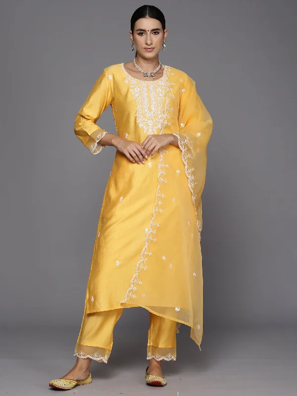 Women's Yellow Embroidered Straight Kurta Trousers With Dupatta Set - Indo Era Trousers Wedding White