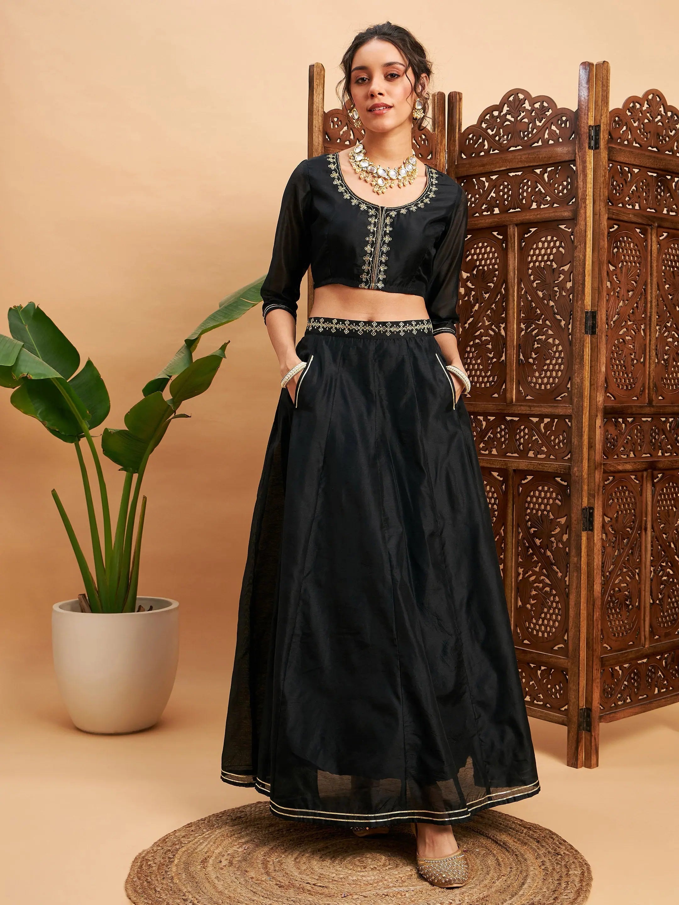 Women Black Embroidered Anarkali Skirt With Crop Top Crop Top Seamless Stretchy