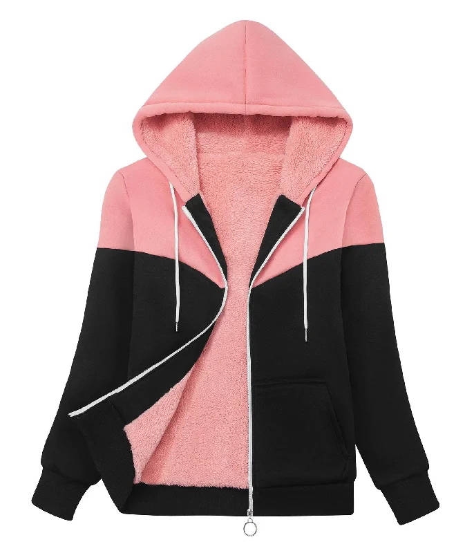 Women's Sherpa-Lined Fleece Zip-Up Hoodie-CUWFH01387 Hoodie with Hem Contrast Bold Stylish
