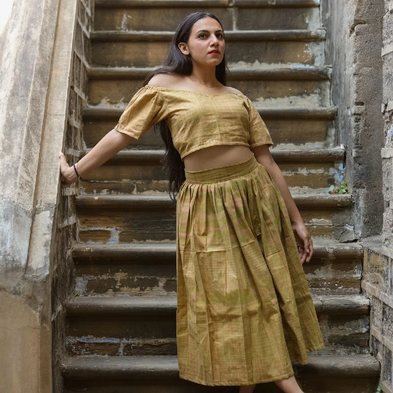 Light Mehendi Crop Top And Gathered Skirt | Soft Cotton | Festive Wear Beaded Sequined Faux Fur