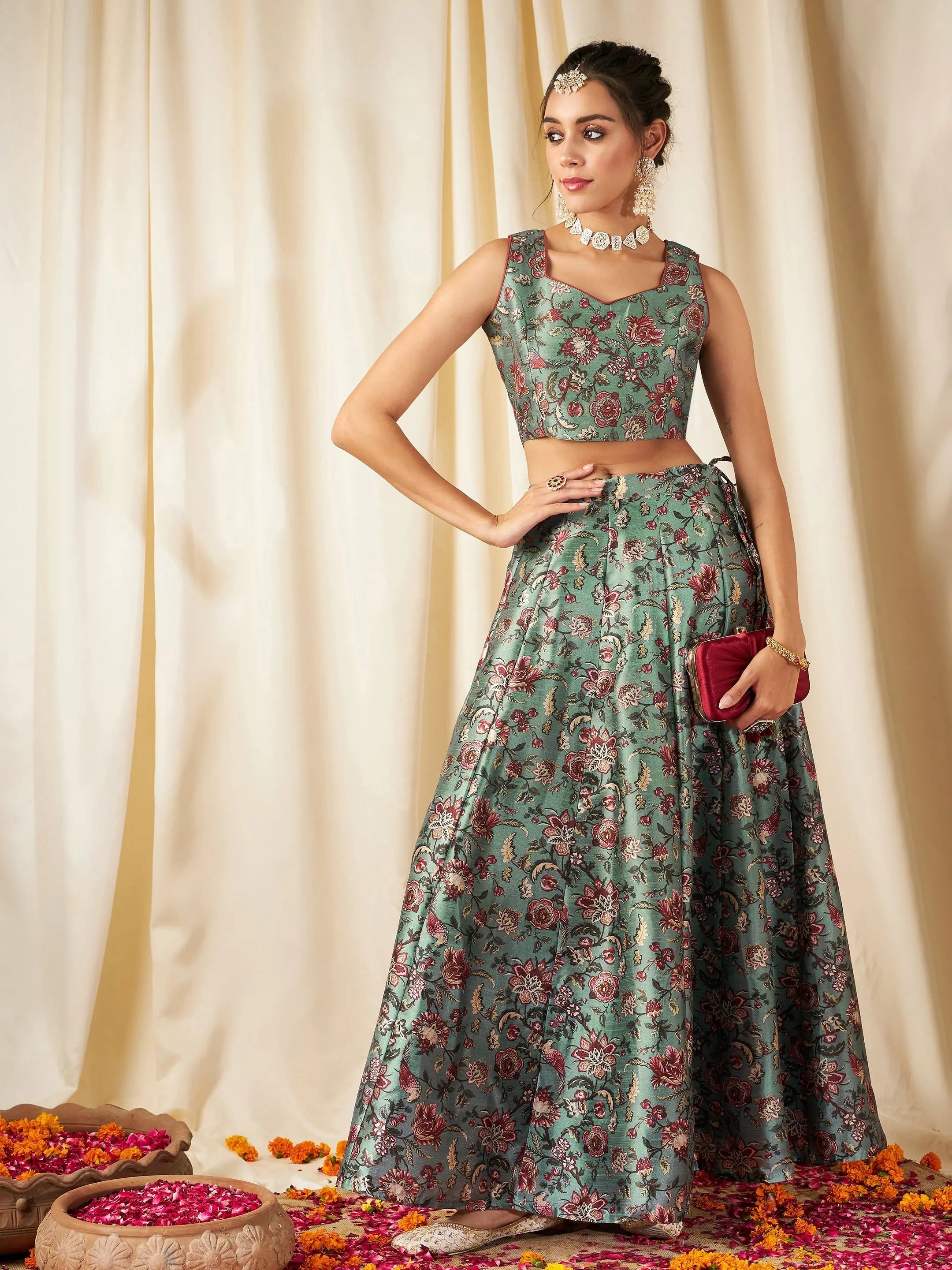 Women Olive Floral Anarkali Skirt With Crop Top Casual Formal Business