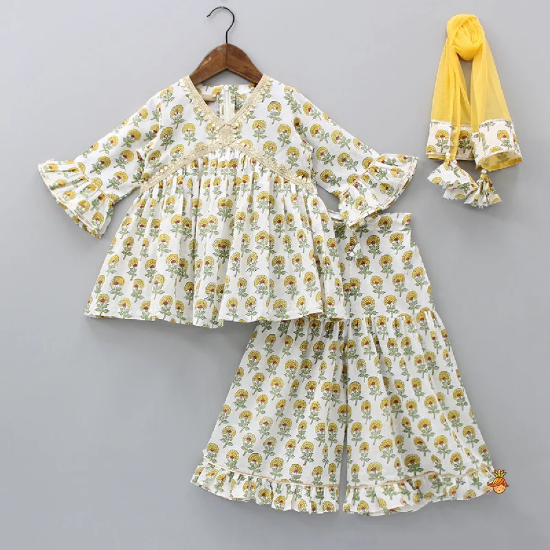 Pre Order: Floral Printed Cotton Kurti With Inner Crop Top And Sharara With Dupatta Welt Pockets Slit Pockets Flap Pockets