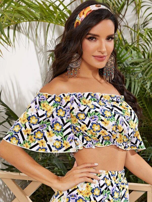 Off Shoulder Frill Trim Floral Crop Top Ribbed Crop Top High Neck Heavyweight