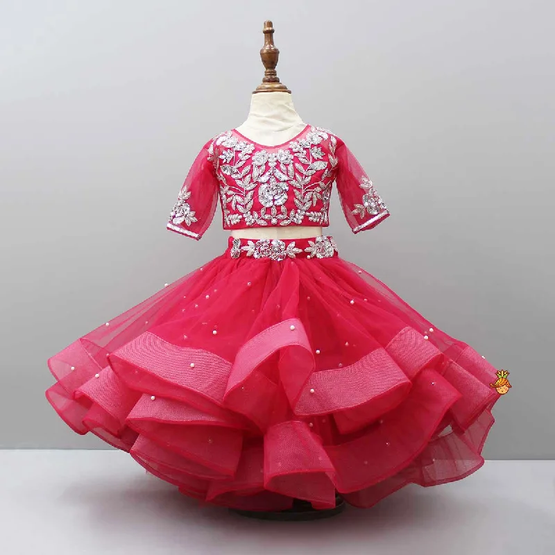 Pre Order: Pink Embroidered Crop Top And Net Layered Lehenga Mesh Blend Leather Blend Suede Blend