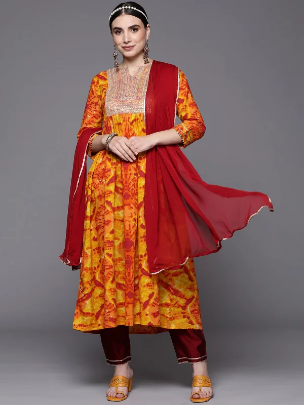 Women's Yellow Tie & Dye Straight Kurta Trouser With Dupatta Set - Indo Era Trousers cozy soft Women's Yellow Tie & Dye Straight Kurta Trouser With Dupatta Set - Indo Era Trousers cozy soft