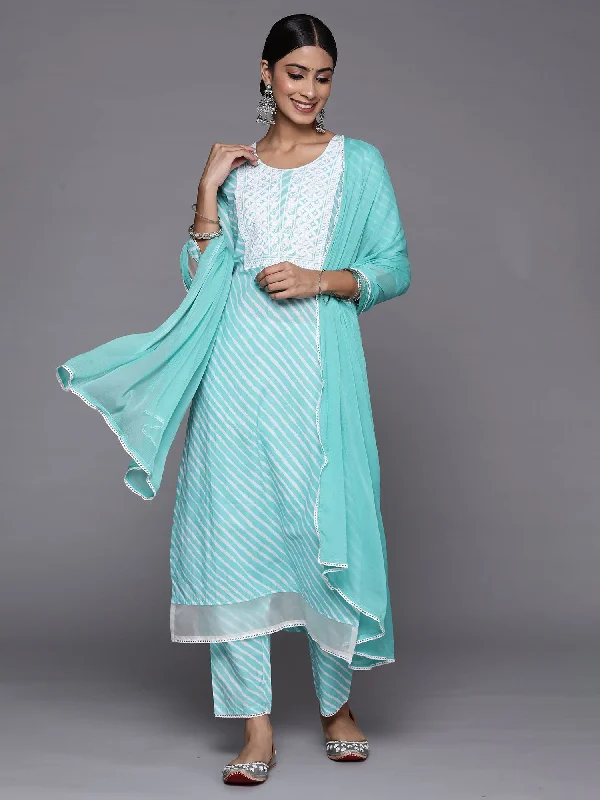Women's Blue Embroidered Straight Kurta Trousers With Dupatta Set - Indo Era Trousers Exclusive Limited