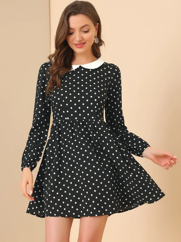 Retro Polka Dot Long Sleeve A-Line Contrast Peter Pan Collar Dress Halter Neckline Beach