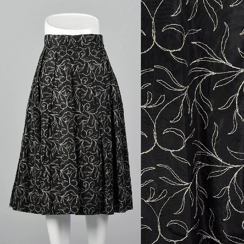 1950s Black Taffeta Skirt with Metallic Silver Embroidery linen skirt light