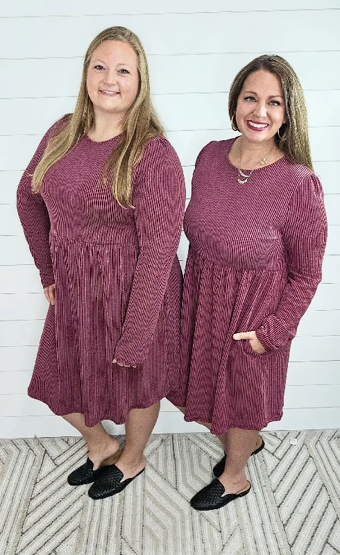 BURGUNDY RAISED RIBBED BABYDOLL DRESS Tunics Cozy soft