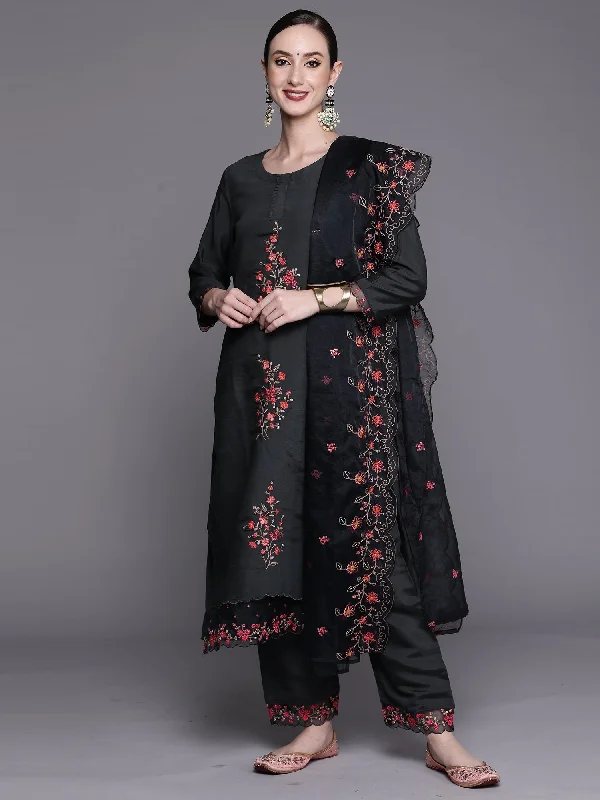 Women's Grey Embroidered Straight Kurta Trousers With Dupatta Set - Indo Era Trousers sophisticated sleek Women's Grey Embroidered Straight Kurta Trousers With Dupatta Set - Indo Era Trousers sophisticated sleek
