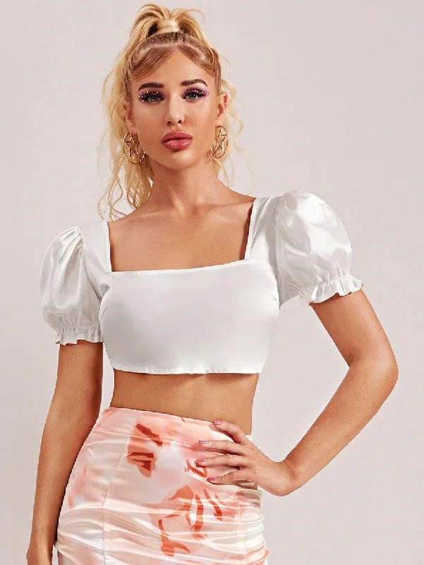 Puff Sleeve Shirred Back Satin Crop Top Sequined Glittery Shiny