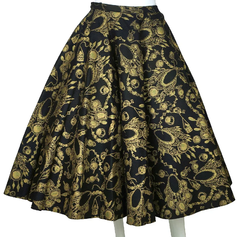 Vintage 1950s Felt Circle Skirt Gold Necklace Print Rockabilly Rock n Roll 25” W cashmere skirt plush