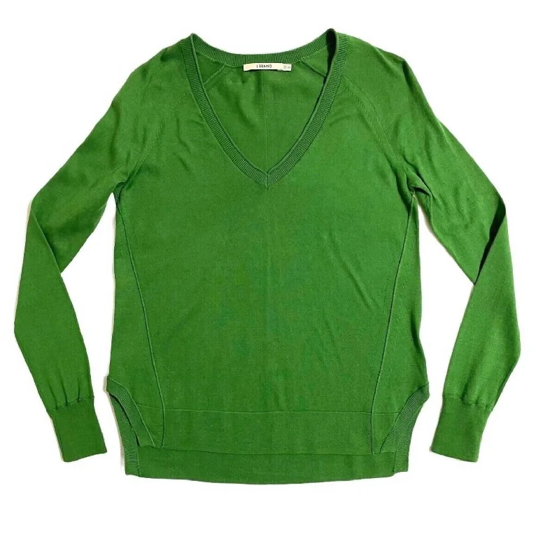 Women's V-Neck Cotton Side Slits Relaxed Sweater In Green Solid Color Striped Floral Print