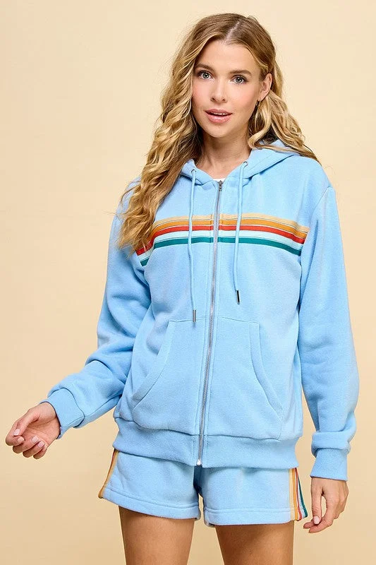 Rainbow Hoodie-Baby Blue Hoodie with Belted Waist Structured Tailored
