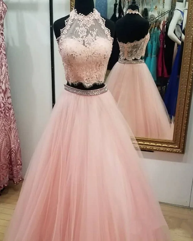 Chic Lace Crop Top Tulle Prom Dresses Two Piece Ball Gowns Casual Formal Business