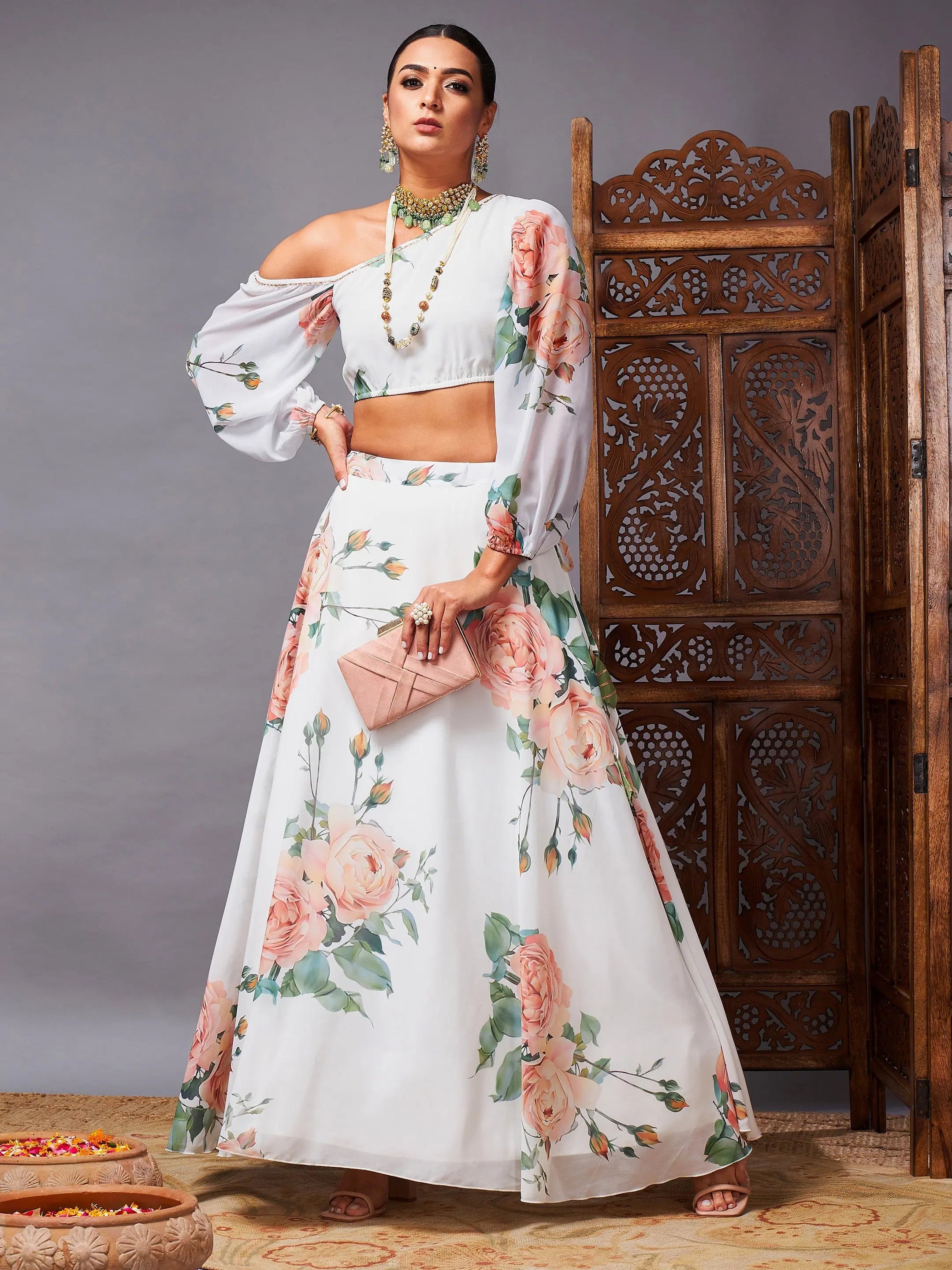 Women White Floral One Shoulder Crop Top With Anarkali Skirt Hooded Caped Shawl Collar