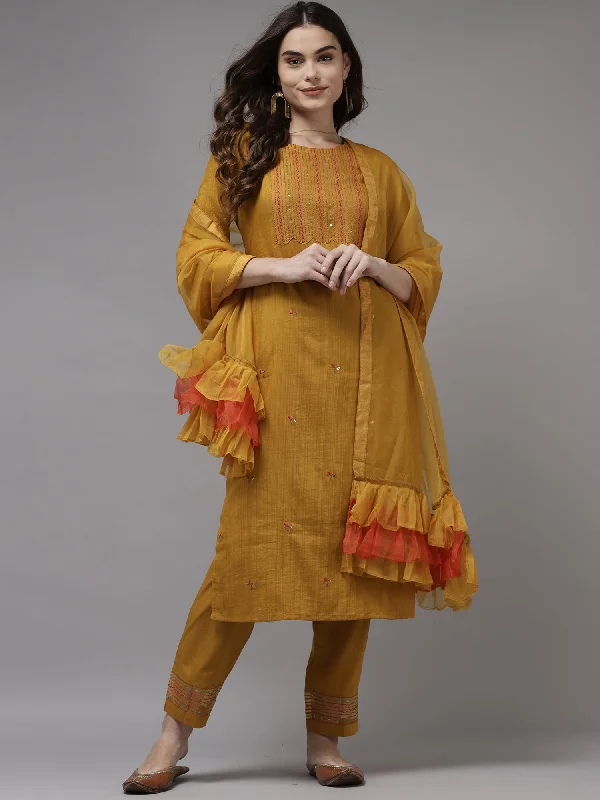 Women's Yellow Embroidered Straight Kurta Trouser With Dupatta Set - Indo Era Trousers Palazzo Wide Leg Women's Yellow Embroidered Straight Kurta Trouser With Dupatta Set - Indo Era Trousers Palazzo Wide Leg