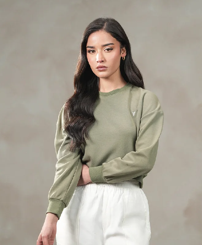 Olive Cropped Sweatshirt (Women) Hoodie with Hem Lace Feminine Delicate