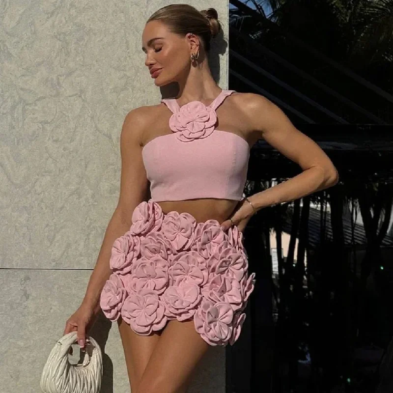 Sweet Rosette Smocked Cutout Crop Tank Top Fitted Mini Skirt Matching Set rhinestone tank top Sweet Rosette Smocked Cutout Crop Tank Top Fitted Mini Skirt Matching Set rhinestone tank top
